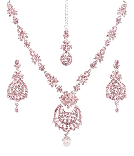 Touchstone Indian jewelry sets for women maang tikka wedding guest gold necklace bollywood jewellery set pageant elegant prom bride accessories western crystal chunky rhinestone necklaces - color: Pink rose in silver plating