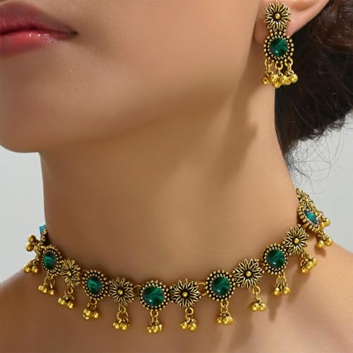 Frodete Indian Jewelry Sets for Women Traditional Bohemian Wedding Jewelry Set Indian Dresses for Women Oxidized Ethnic Party Prom Wear - color: A2:green indian necklace earring sets