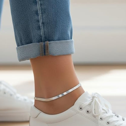 Waterproof 14K Gold Over Herringbone Chain Bracelet Anklet for Women and Men, Ankle Bracelet Premium Solid Stainless Steel (Silver) - size: 8 Inch, style: WIDTH - 2.5 MM
