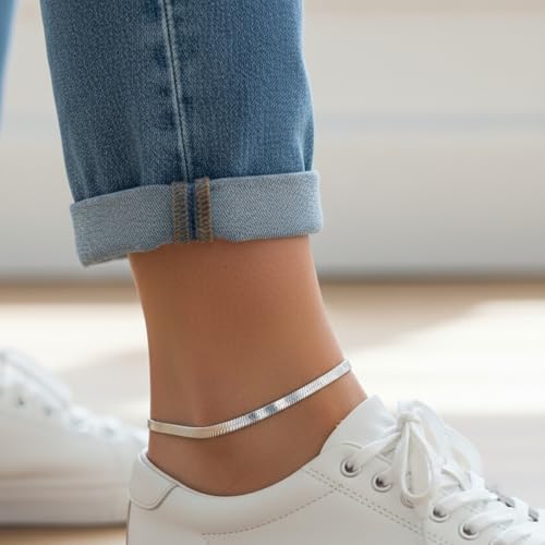 Waterproof 14K Gold Over Herringbone Chain Bracelet Anklet for Women and Men, Ankle Bracelet Premium Solid Stainless Steel (Silver) - size: 9.5 Inch, style: WIDTH - 3 MM