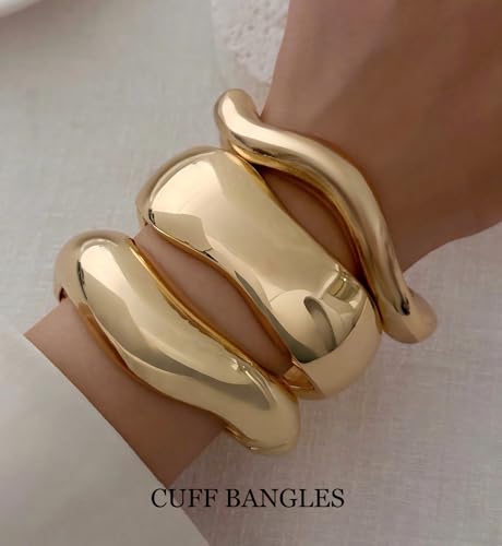 Chunky Gold Bangle Bracelets for Women, 14k Gold Plated Dainty Cuff Stackable Bangles Set, Trendy Bracelet Stack Fashion Jewelry Gifts - color: 01-GOLD-01