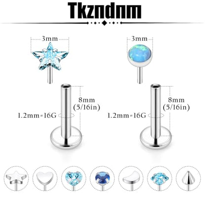 Threadless Noses Rings, Flat Back Earrings, 20/18/16g-Gauge 5/16in-Post 3mm-Top, Hypoallergenic Surgical Steel Medusa Lip Labret Cartilage Helix Tragus Conch Piercing Jewelry for Women Men - color: Blue, size: 16g*8mm