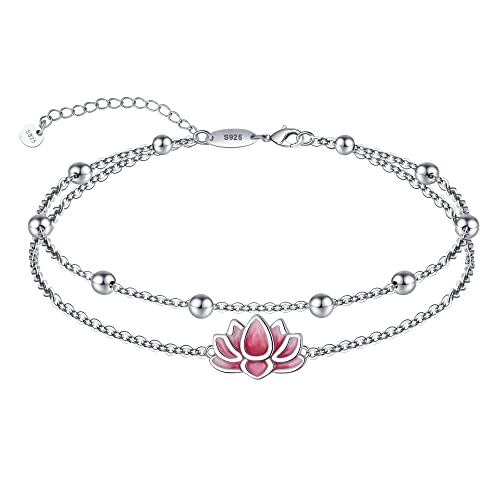 Anklet for Women S925 Sterling Silver Adjustable Foot Charm Ankle Bracelet Anklets Jewelry 9.5-10.5 Inches - color: Yoga Lotus（Pink)