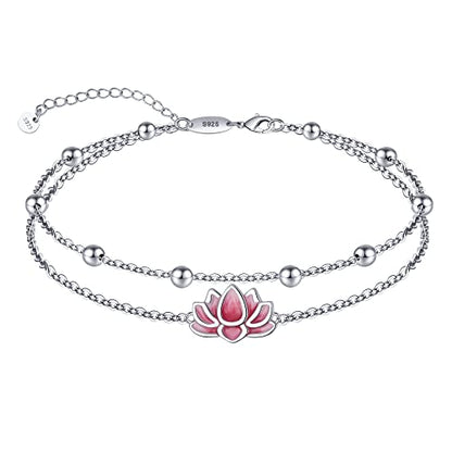 Anklet for Women S925 Sterling Silver Adjustable Foot Charm Ankle Bracelet Anklets Jewelry 9.5-10.5 Inches - color: Yoga Lotus（Pink)