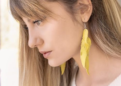 Leather Feather Earrings, Suede layered earrings, boho wedding jewelry, summer earrings, gift for her, dangle earrings - color: yellow