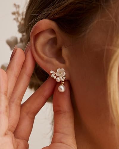 Pearl Earrings for Women Trendy Dainty Wedding Earring 14K Gold Plated/Silver Plated Dainty Cute Drop Dangle Pearl Earrings Studs Hypoallergenic CZ Diamond Wedding Earrings for Brides Prom Jewelry Gift for Women - color: 01.Gold flower