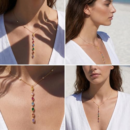 Gmai 18K Gold Plated Stainless Steel lariat Y Necklace for Women, Dainty Layered & Single Chain Drop Necklace with Multicolor CZ Pendant,Waterproof Non Tarnish Trendy Jewelry Gift for Her