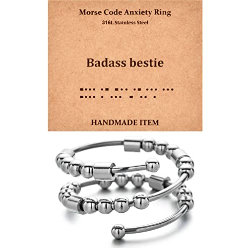 Morse Code Rings for Women, Stainless Steel Spinner Ring Fidget Rings for Anxiety Ring Morse Code Rings Inspirational Gifts Jewelry Women Birthday Graduation Gifts for Best Friends - style: 20 B*dass bestie