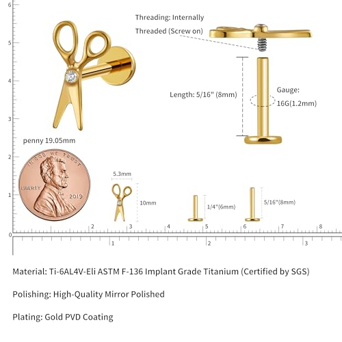 16G 6mm 8mm ASTM F136 Titanium Cartilage Piercing Jewelry Stud for Tragus Helix Conch Flat - color: Scissor - Gold