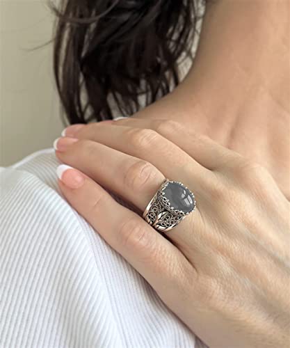 Filigranist 925 Sterling Silver Filigree Art Lace Embroidery Tulip Detailed Gemstone Women Cocktail Ring, Luxurious Gift Boxed - color: Gray Moonstone