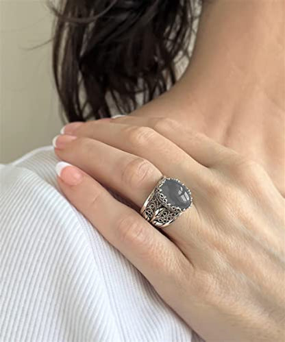 Filigranist 925 Sterling Silver Filigree Art Lace Embroidery Tulip Detailed Gemstone Women Cocktail Ring, Luxurious Gift Boxed - color: Gray Moonstone