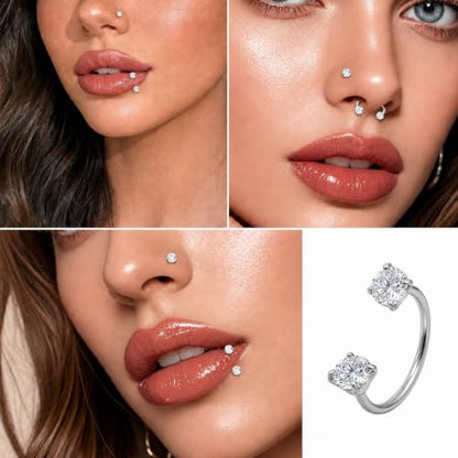18G CZ Horseshoe Nose Rings with Flat Back Labret Studs and Tool | 316L surgical steel and 14K gold finish options for healed nose septum lip and ear piercings with easy daily changes