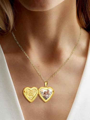 FindChic Locket Necklace for Women Custom Photo Memorial Gifts 4 Colors | Silver/Black/Rose Gold/Gold Plated Personalized for Loved Ones, Birthday Valentine's Day Keepsake - style: 12. Rose Relief (DIY)-Gold