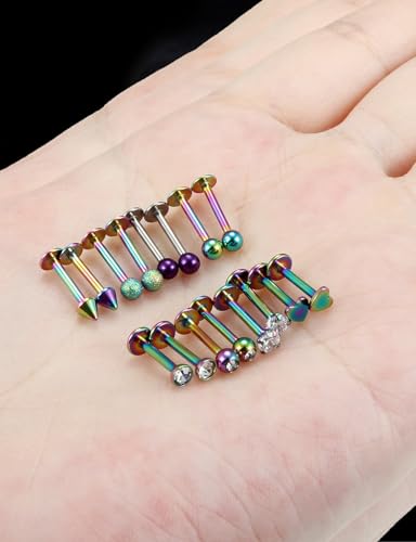 16G Flat Back Earrings Nose Studs 316L Surgical Steel Medusa Labret Monroe Lip Ring Tragus Forward Helix Conch Cartilage Lobe Earrings Stud Piercing Jewelry For Women Men 8MM Bar Length - color: Rainbow