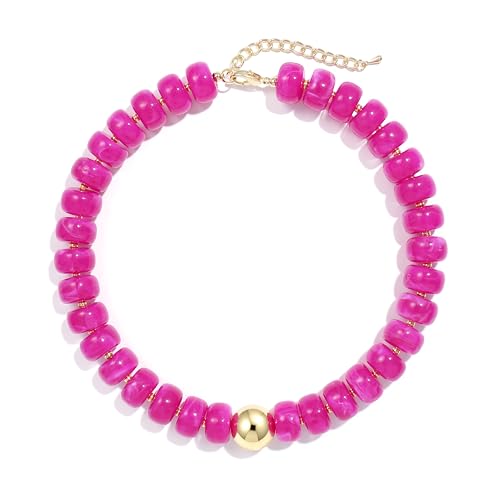 Badu Colorful Chunky Beaded Choker Necklace, Acrylic Colorful Bead Statement Necklaces, Adjustable Summer Beach Jewelry Gift for Women - color: Rose Red