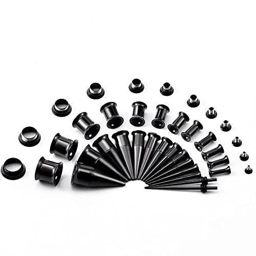36PCS Ear Gauge Stretching Kit Stainless Steel Double Flare Alloy Tapers 3 In 1 Plugs Set Eyelet 14G-00G - color: (1.6-10mm)-Black-Flare