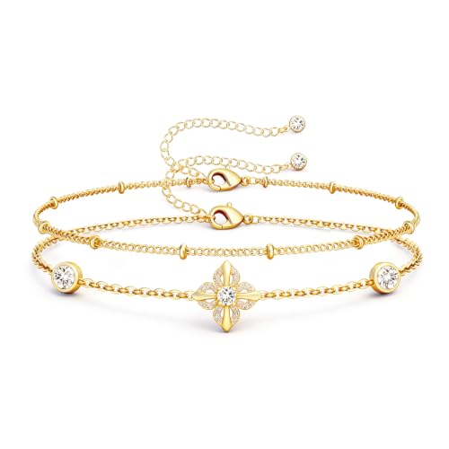 16K Gold Plated Bracelets Set for Women - Dainty Layered Adjustable Hand Chain Bracelet with Cubic Zirconia, Cute Jewelry Gift for Her, Waterproof Hypoallergenic - color: Clover Flower