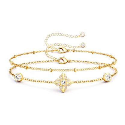 16K Gold Plated Bracelets Set for Women - Dainty Layered Adjustable Hand Chain Bracelet with Cubic Zirconia, Cute Jewelry Gift for Her, Waterproof Hypoallergenic - color: Clover Flower