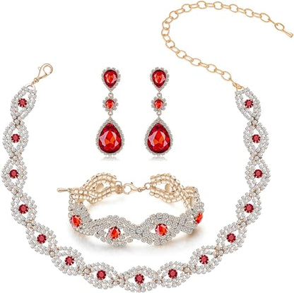 Women Rhinestone Crystal Jewelry Set Crystal Tennis Design Rhinestone Choker Necklace Link Bracelet Teardrop Earrings Set Wedding Bridal Bridesmaids Party - color: Red