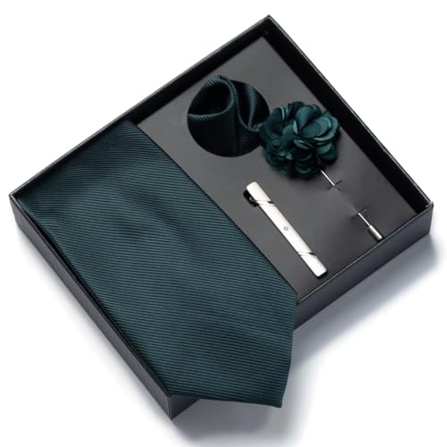 joy alice 30 Colors Solid Ties for Man Pure Color Men's Tie Set with Lapel Pin Pocket Square Tie Clip - color: Dark Green