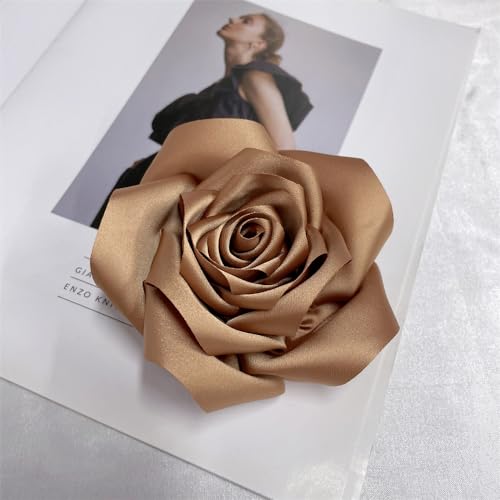 Satin Rose Flower Large Brooch Lapel Pins Handmade Fabric Flower Brooches Pin Classic for Wedding Party Dance Banquet for Women Men Dress Suit Clothes Accessories JewelryGifts 110mm - color: Khaki
