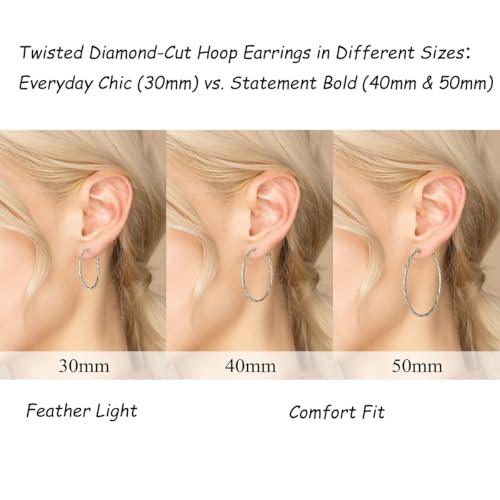 14K Gold/Silver Plated Twisted Hoop Earrings for Women - Sparkly Diamond-Cut Large Hoops with 925 Sterling Silver Post, Lightweight Hypoallergenic Trendy Jewelry Gifts (30mm / 40mm) - size: Silver 50mm