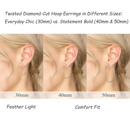 14K Gold/Silver Plated Twisted Hoop Earrings for Women - Sparkly Diamond-Cut Large Hoops with 925 Sterling Silver Post, Lightweight Hypoallergenic Trendy Jewelry Gifts (30mm / 40mm) - size: Silver 50mm