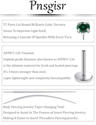 F136 Titanium 20/18/16G Earrings Nose Lip Rings Medusa Tragus Cartilage Helix Labret Flat Back Threadless Implant Grade Stud Piercing Jewelry for Women - color: Green CZ, size: 20g*6/7/8mm*2/3/4mm