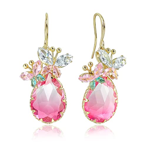Crystal Teardrop Earrings CZ Butterfly Earrings Gold Dangle Earrings Jewelry Gift for Women - color: Red