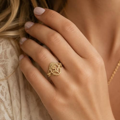 Flower Ring for Women, Vintage Hollow Gold Tone Oval Rose Band Cute Carved Floral Finger Ring Retro Statement Promise Anniversary Jewelry Gift