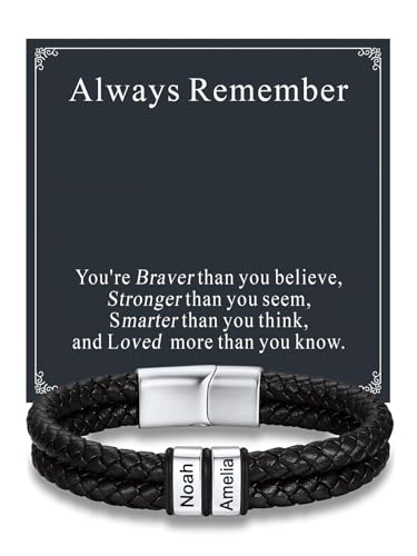 Custom4U Personalized Braided Leather Bracelet for Men with Name Engraved | 1-5 Name Engraving, Stainless Steel Bead, 7.5/8.3/9 Inch Black Leather, Gift Design for Men with Custom Keepsake Cards - color: 01-Steel Color-Always Remember, size: 2 Names