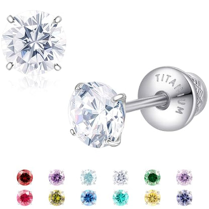 Limerencia Birthstone Screw Back Earrings G23 Implant Grade Titanium Stud Earrings Hypoallergenic Cubic Zirconia Posts Studs Jewelry Gifts for Girls Sensitive Ears - color: April