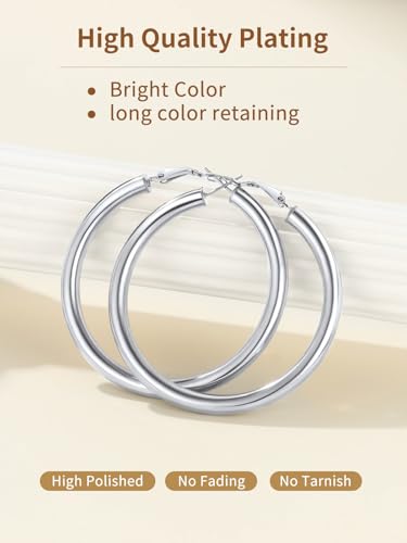 FindChic Hoop Earrings for Women, Silver/Black/14K Gold Plated Hypoallergenic Hollow Round Tube Loop Earrings, 20mm/30mm/40mm/60mm/80mm Chunky Hoops with Custom Name Options & Gift Box - color: b.Silver, size: 60MM