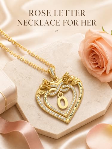 14K Gold Initial Letter Rose Heart Pendant Necklace for Women, Anniversary Birthday Jewelry Gifts for Wife Mom Grandma Sister Daughter, I Love You for Always And Forever - style: 14K Gold-O