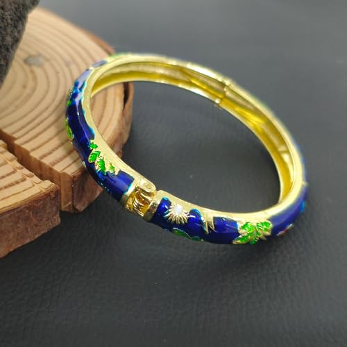 Cloisonne Bracelet For Women, Chunky Bangle Trendy Cute Flower Enamel Bangles Multi Tone Engraved Cuff Gold Plated Bracelets Stackable Wife Jewelry Friendship Gift - color: Dark Blue