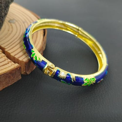 Cloisonne Bracelet For Women, Chunky Bangle Trendy Cute Flower Enamel Bangles Multi Tone Engraved Cuff Gold Plated Bracelets Stackable Wife Jewelry Friendship Gift - color: Dark Blue