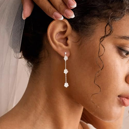 Earrings for Women - 14K Gold Plated Tassel Dangle Earrings | Leaf, Flower, Tassel Dangling Drop Earrings, Sparkling Wedding Bridal Prom Statement Jewelry Gift for Her - color: Silver Flower