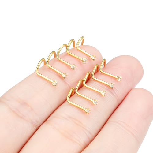 Hoeudjo Nose Studs Surgical Steel Cubic Zirconia Nose Rings Kit for Women Men Tiny Nose Stud Bone & Screw & L Shaped Nostril Piercing Jewelry 24/22/20/18 Gauge 10 Pieces - color: gold-tone,screw nose studs, size: 20g/1.5mm clear CZ
