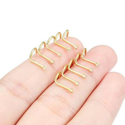 Hoeudjo Nose Studs Surgical Steel Cubic Zirconia Nose Rings Kit for Women Men Tiny Nose Stud Bone & Screw & L Shaped Nostril Piercing Jewelry 24/22/20/18 Gauge 10 Pieces - color: gold-tone,screw nose studs, size: 20g/1.5mm clear CZ