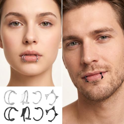 16Pcs Fake Lip Piercing Faux Lip Ring Cuffs Clip on Lip Rings Non Piercing Stainless Steel Snake Bites Vampire Fangs Jewelry Double Hoop Lip Cuff for Halloween Punk Y2K Accessories Women Men