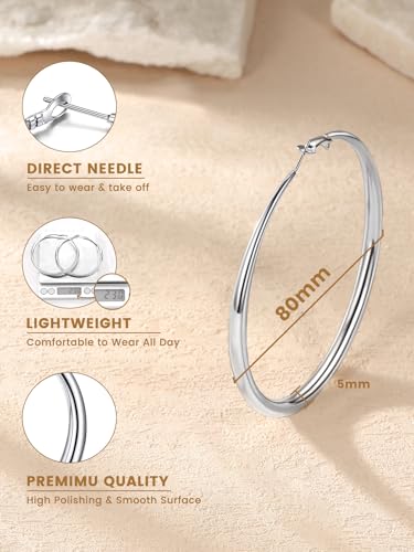 KeyStyle 5mm Thick Hoop Earring，Large Gold Hoop Earrings for Women | Stainless Steel Hoops Earring 14K Gold Plated/Silver/Black Hoop Lightweight Hypoallergenic Hollow Tube Hoop(40/60/80MM) - color: Silver, size: 80mm