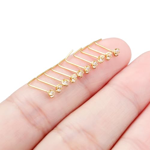 Nose Studs Surgical Steel Nose Rings Studs with Cubic Zirconia 10Pcs Tiny Nostril Rings for Women Screw Bone and L-Shaped Nostril Piercing Jewelry 24G 22G 20G 18G - color: goldtone,L shaped nose studs, size: 24g,2.0mm Clear CZ