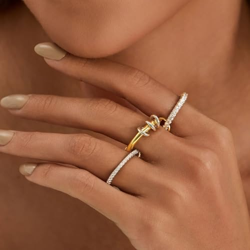 Cicy Bell Interlocking Ring for Women 18k Gold Plated CZ Stack Ring Set - color: Style E-Gold, size: 6