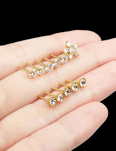 Prjndjw 20G Big Nose Stud Large Nose Studs Surgical Stainless Steel Straight Nose Studs 4mm CZ Paved CZ Nose Rings with 6-CZ Flower Ring for Women Men 11 Pieces - color: 4mm CZ Big 20G Gold-plated Straight Nose Stud