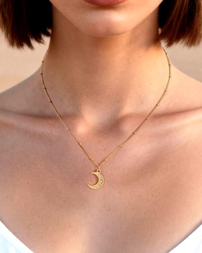 Crescent Moon Necklace Dainty Cubic Zirconia Star Pendant Necklaces for Women Trendy Adjustable Ball Chain Moon Jewelry Gift