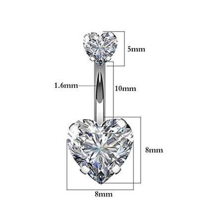 YHMM 14G Surgical Steel Belly Button Rings Double Heart Cubic Zirconia Navel Barbell Stud Body Piercing - color: A: Silver Tone