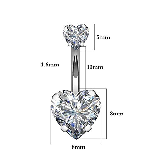 YHMM 14G Surgical Steel Belly Button Rings Double Heart Cubic Zirconia Navel Barbell Stud Body Piercing - color: 2 Pcs