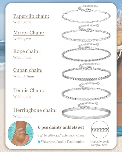 Besteel Ankle Bracelets for Women Waterproof 14K Gold Plated Anklets Set | Non Tarnish Stainless Steel, Plus Size Adjustable 8-12 Inch, Hypoallergenic Layered Cuban Link Chain Summer Foot Jewelry Gift - style: 6 Pcs Steel Tennis-8.5+2.5 Inch