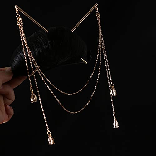 Chinese Hair Sticks with Tassel, Double Chain Hair Pin Vintage Tassel Hair Chopsticks Hanfu Chignon Hair Styling Accessories#3 1pc