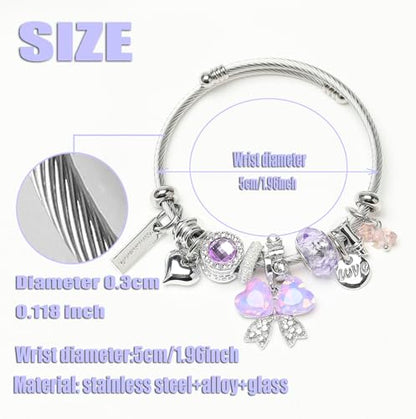 DS Charm Bracelets for girls,exquisite cute cartoon friendship bracelets Silver Stainless Steel Bangle with birthday Gift box, Adjustable girls jewelry Suitable for holiday gifts - style: Silver-purple butterfly 3